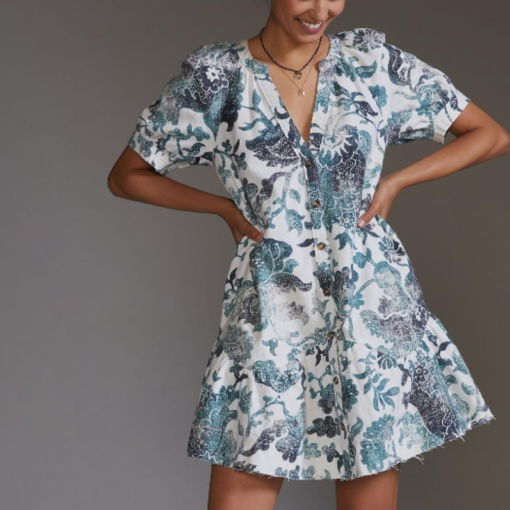 Anthropologie Pilcro Mini Dress with Teal & Navy Floral Motif